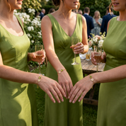 Three bridesmaids in apple green dresses wearing personalized peridot initial bracelets.