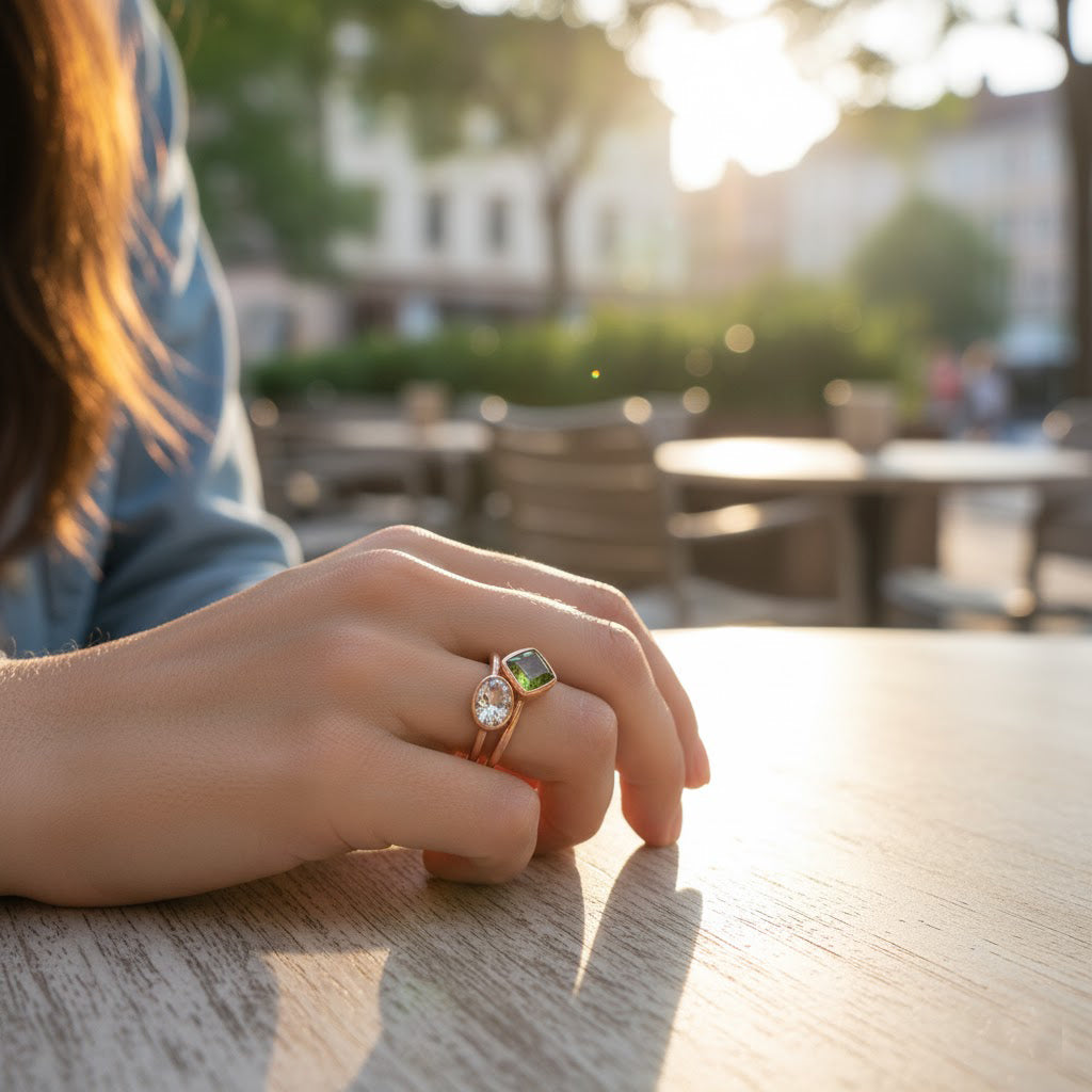 Lifestyle image of woman wearing custom gemstone rings with colorful birthstones, dainty gold stacking rings gift for her