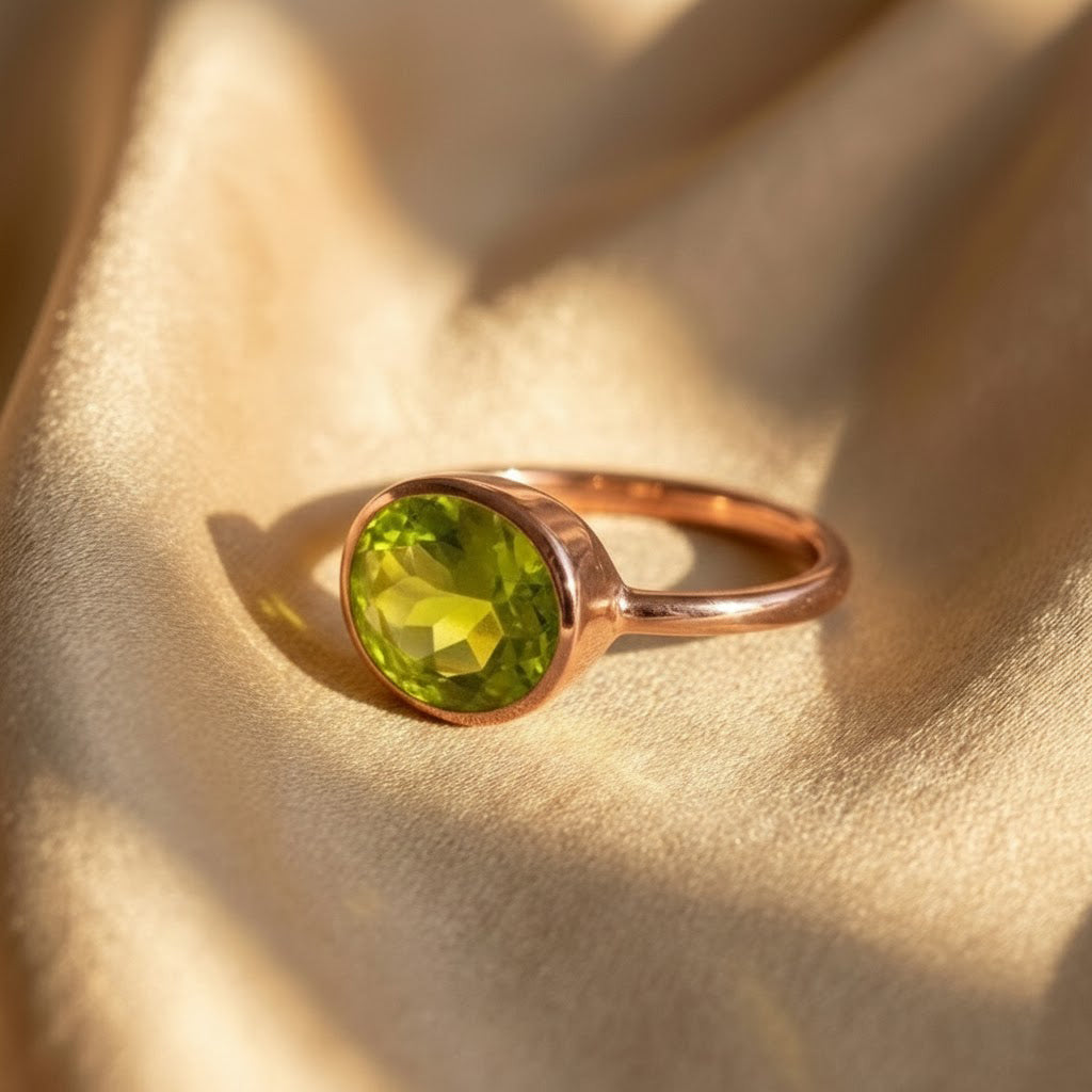 Peridot quartz birthstone ring in rose gold vermeil, oval gemstone ring for women