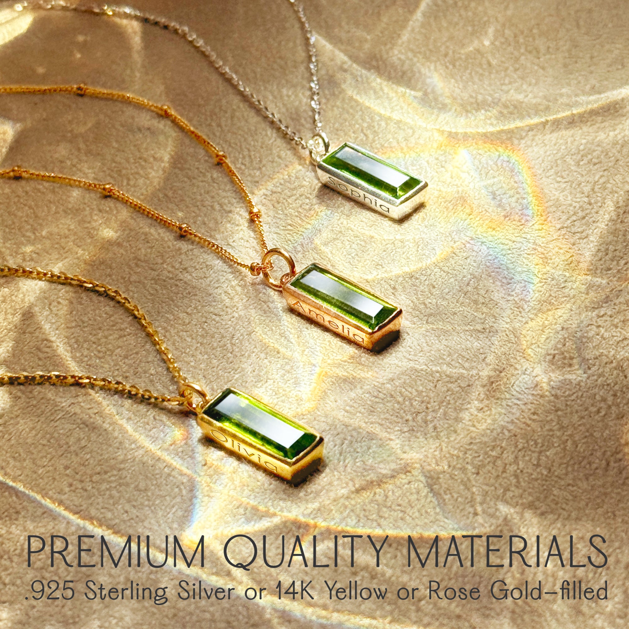 Peridot Vertical Bar Necklace : August Birthstone : Adira Series