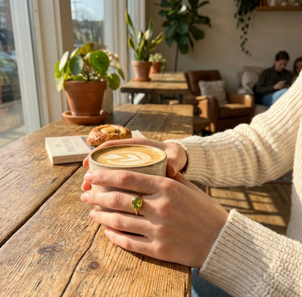 Green peridot quartz ring worn casually, minimalist birthstone ring for daily wear