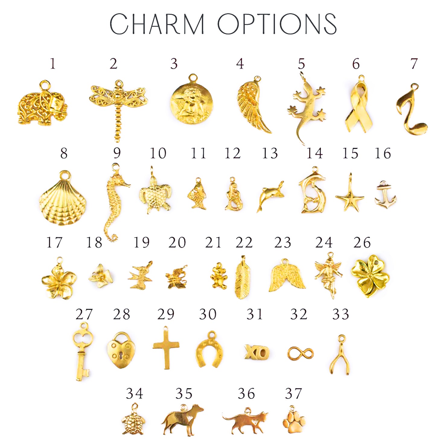 Customizable necklace charms including angel wing, shell, cross, key, lock, dragonfly, starfish, turtle, infinity charms initials, and gemstone teardrops in gold vermeil, designed for personalized sympathy jewelry,