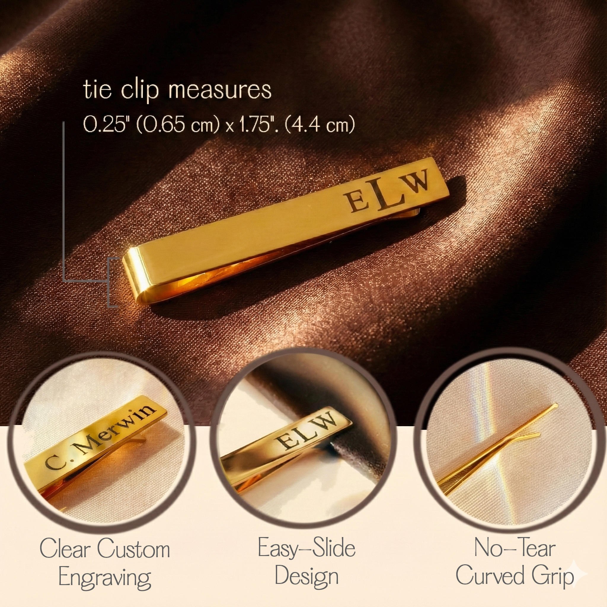 Custom engraved tie clip shown with size details and design features, highlighting secure grip, smooth edges, and clean engraving. Minimalist tie bar accessory designed for men’s suits, weddings, and everyday professional wear. Personalized gift for groom, best man, or father.