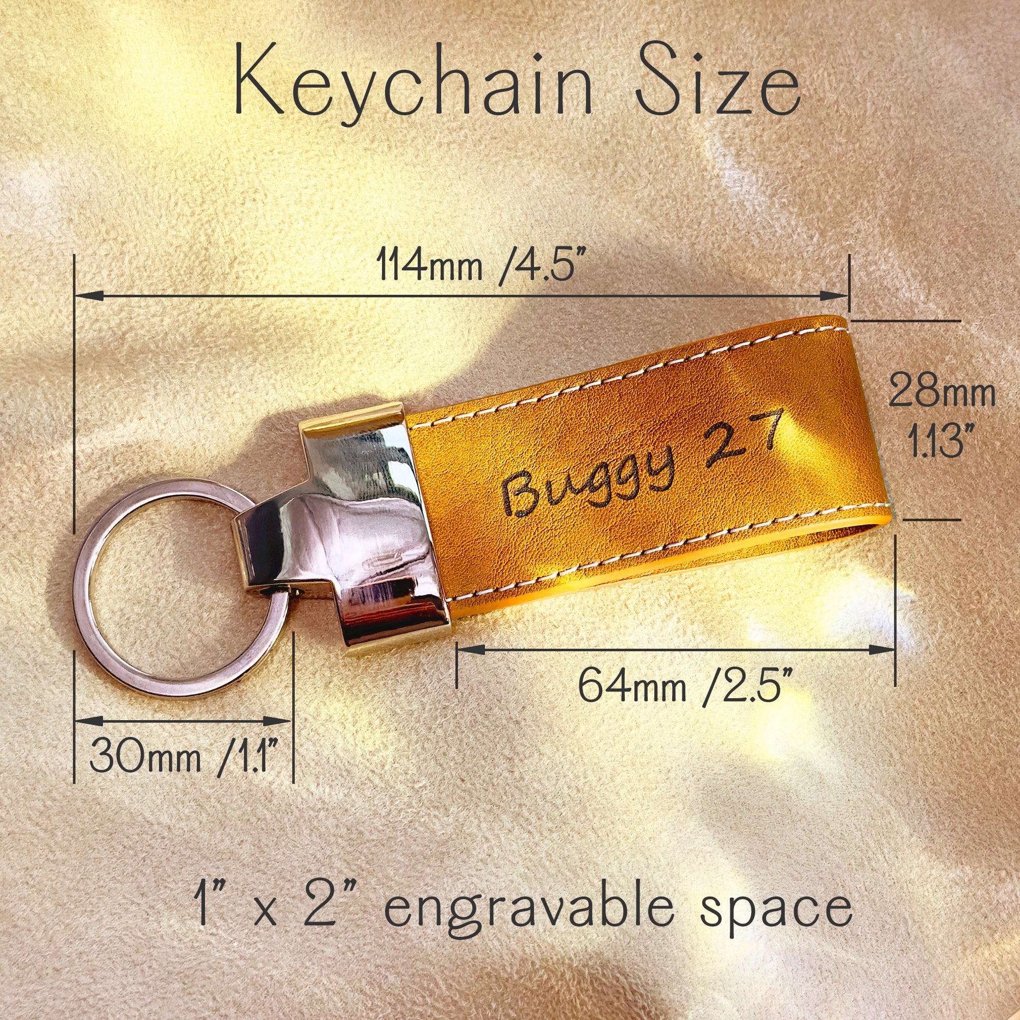 Yellow leather keychain with engraved name “Buggy 27,” shown with precise measurements including total length 4.5", key ring diameter 1.1", and engravable area of 1" x 2". Features include stitched edges and polished metal hardware. Great for custom text, gamer tags, initials, or team names. Compact and durable design ideal for backpacks, luggage, gym bags, or school keys. Personalized key tag for sports teams, kids’ gifts, daily use, or small business branding. Makes a vibrant, functional accessory.