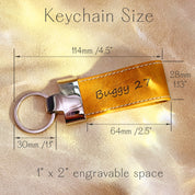 Yellow leather keychain with engraved name “Buggy 27,” shown with precise measurements including total length 4.5", key ring diameter 1.1", and engravable area of 1" x 2". Features include stitched edges and polished metal hardware. Great for custom text, gamer tags, initials, or team names. Compact and durable design ideal for backpacks, luggage, gym bags, or school keys. Personalized key tag for sports teams, kids’ gifts, daily use, or small business branding. Makes a vibrant, functional accessory.