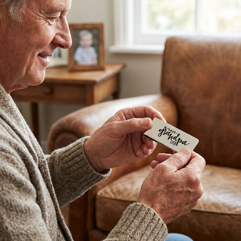 An older man smiling while holding a personalized engraved money clip, emphasizing gifting for family members.