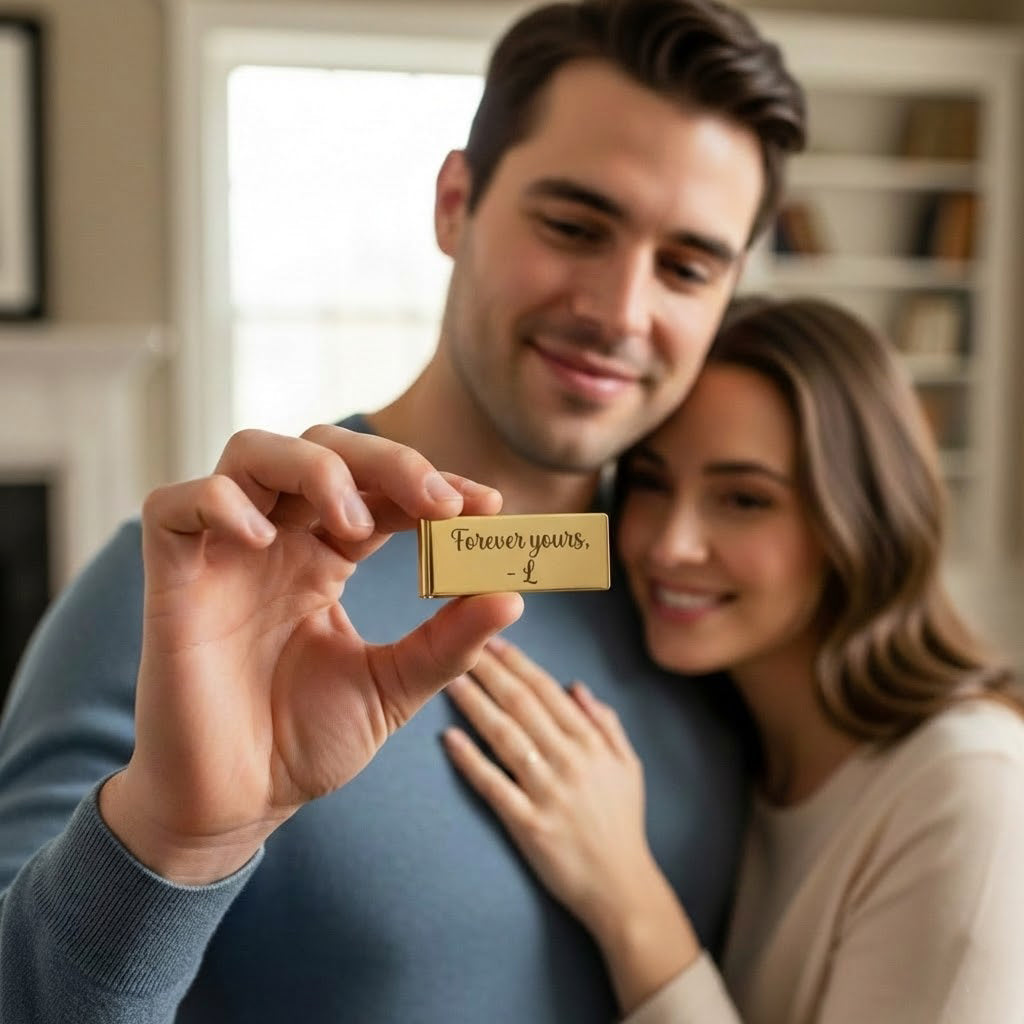 A couple sharing a moment as they present a gold engraved money clip as a personalized gift.