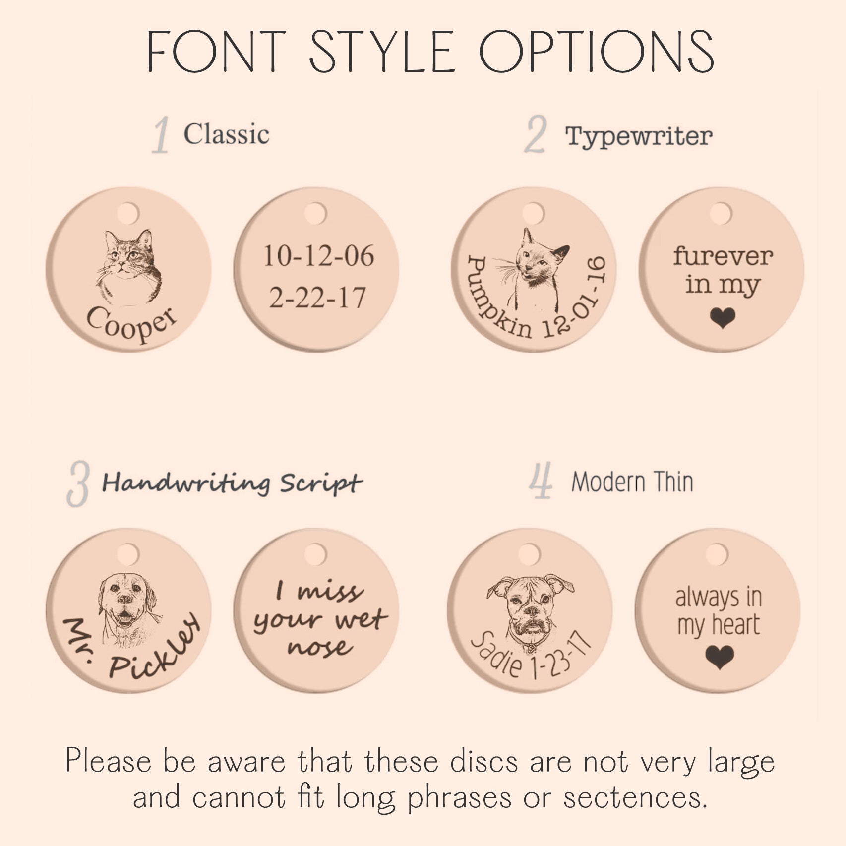 Design card showing engraving styles, font options, and sample layouts for names, dates, or short phrases on the back of the pet portrait pendant. Helpful for customizing personalized pet memorial gifts and dog remembrance gifts; choose classic, typewriter, handwriting script, or modern thin; create a unique condolence gift or Christmas gift for pet lovers.