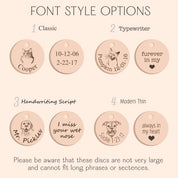 Design card showing engraving styles, font options, and sample layouts for names, dates, or short phrases on the back of the pet portrait pendant. Helpful for customizing personalized pet memorial gifts and dog remembrance gifts; choose classic, typewriter, handwriting script, or modern thin; create a unique condolence gift or Christmas gift for pet lovers.