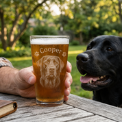Custom pet portrait beer glass with engraved dog photo and pet name, a thoughtful dog dad or pet memorial gift.