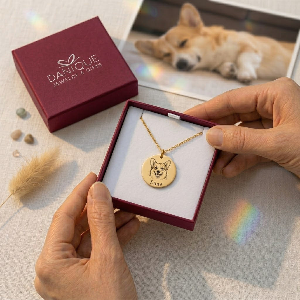 Danique Jewelry gift box with custom pet portrait necklace, ready for gifting to a dog mom or cat lover.