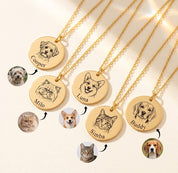 Collection of personalized pet portrait necklaces in gold and silver with engraved dog and cat faces from customer photos.