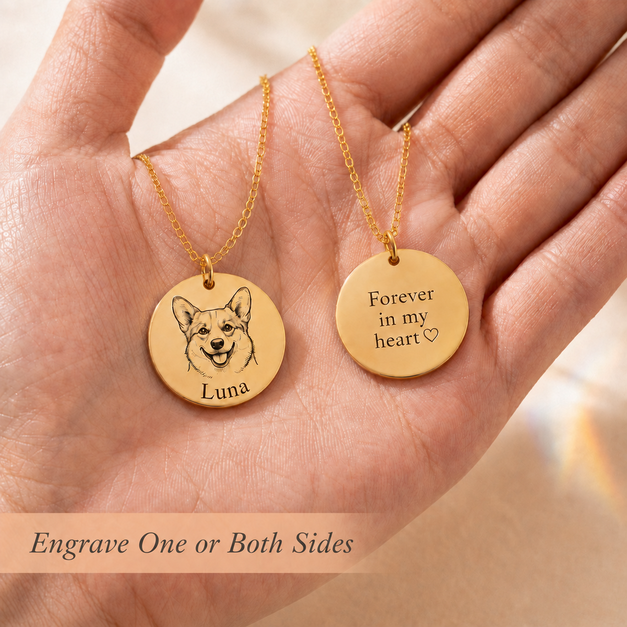 Custom pet necklace showing front and back engraving options for adding a pet portrait, name, or message.