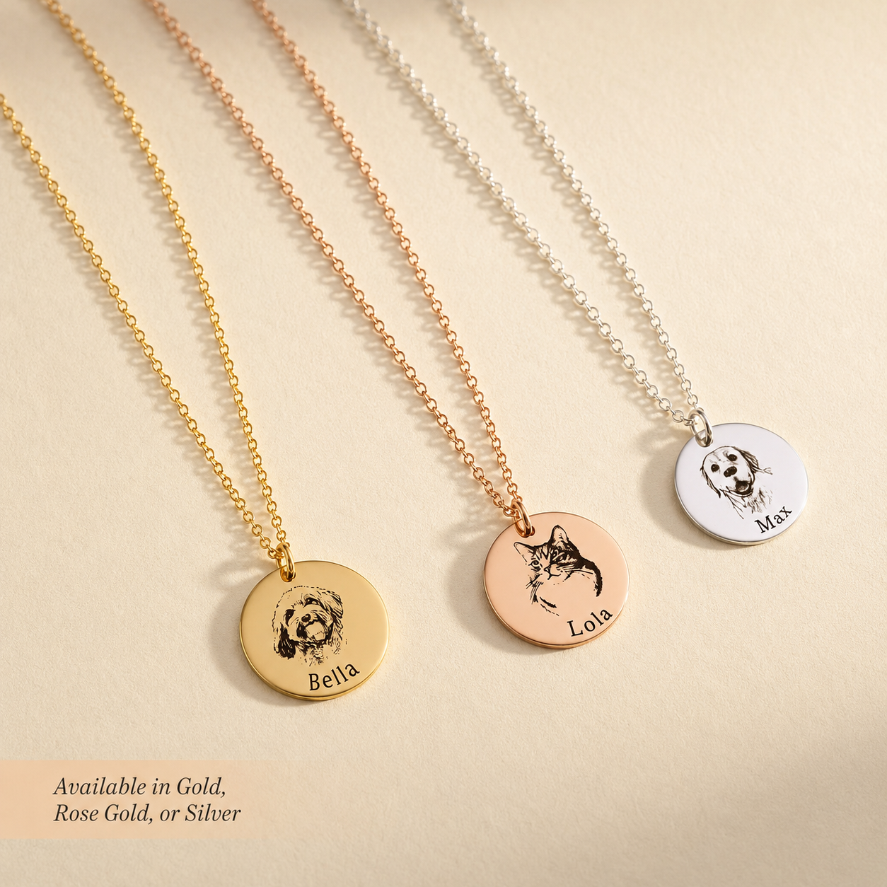 Gold and silver pet portrait necklaces engraved with custom dog faces and pet names from real animal photos.