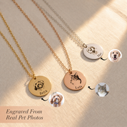 Three engraved pet photo necklaces in gold, rose gold, and silver with small pet photo examples beside each pendant.