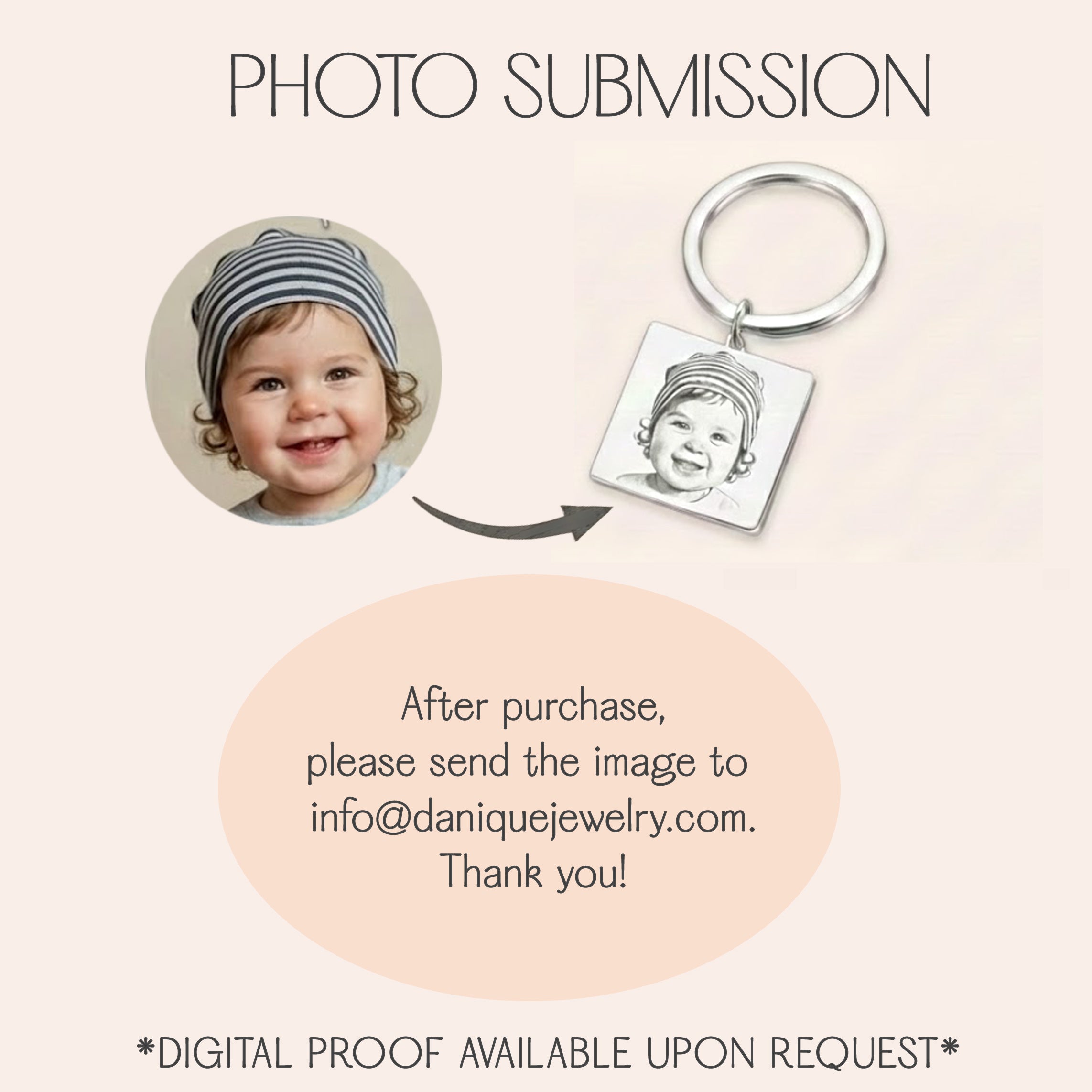 Flat lay of a personalized baby photo keychain engraved with a different baby portrait, demonstrating engraving consistency across photos. This custom baby picture keychain preserves real baby photographs as stainless steel keepsakes, making it a sentimental gift for moms, grandmas, or anyone celebrating a newborn or honoring a cherished memory.