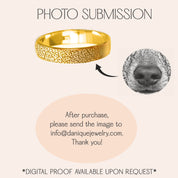 Photo submission instructions for custom dog nose print ring, showing a gold engraved band next to a dog nose image and email address, explaining how customers send their pet’s nose or paw photo to be transformed into personalized pet memorial jewelry or custom pet nose engraving.