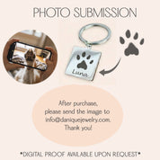 Custom pet paw print keychain photo submission guide showing how to create a personalized dog or cat paw print keychain from a real pet photo. The image illustrates a customer taking a clear photo of their pet’s paw with a smartphone and the finished engraved stainless steel paw print keychain with a pet name engraved below. This visual explains the easy personalization process for ordering a custom pet memorial or everyday pet keepsake keychain, ideal as a gift for dog moms, cat dads, pet lovers, or as a r
