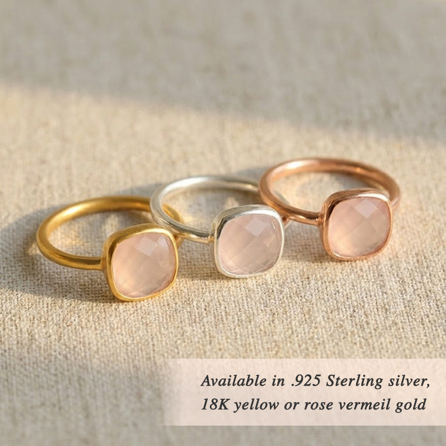 Pink chalcedony cushion ring available in sterling silver, gold vermeil and rose gold, October birthstone minimalist jewelry for women