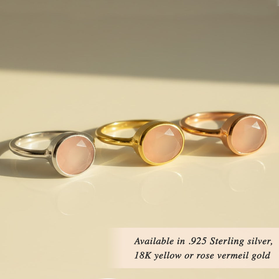 Oval pink chalcedony rings in sterling silver, yellow gold and rose gold settings, minimalist stacking gemstone jewelry collection