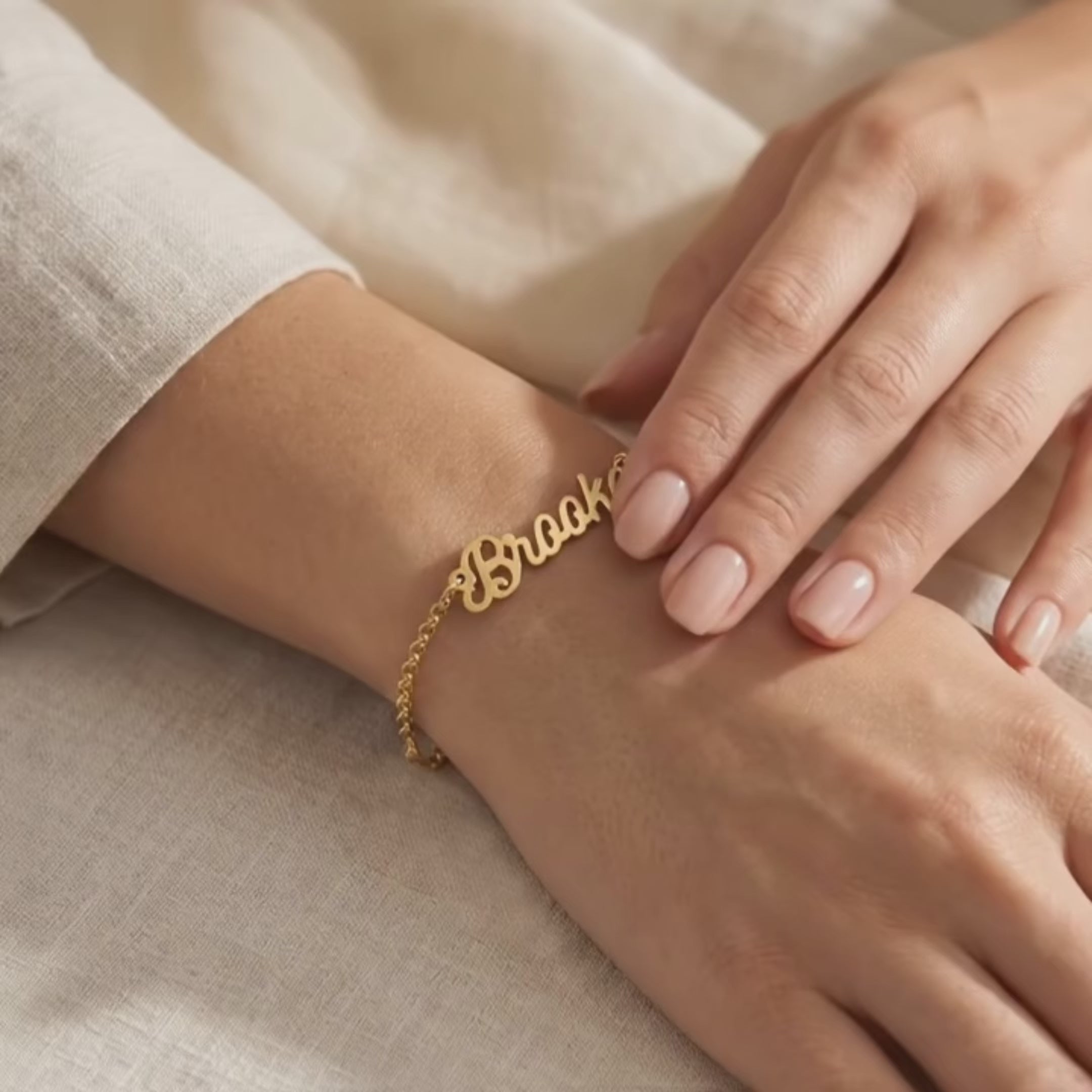 Video showcasing custom dainty name bracelet on wrist minimalist personalized bracelet gift for girlfriend  bridesmaids or mom
