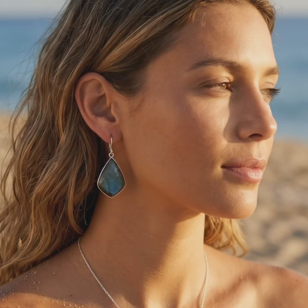 video showcasing Labradorite drop earrings gold filled bezel set teardrop earrings