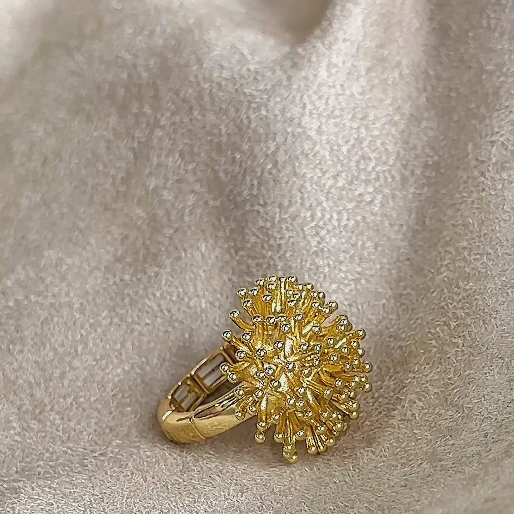 A video of a person's hand picking up a gold dandelion puff statement ring under the words "Dandelion Puff Adjustable Ring". Two hands pull the ring and stretch the band to show the adjustable feature under the words "Stretchy & Adjustable, Fits Size 6, 7, 8". An overhead pan of the full jewelry collection. The Danique Jewelry store logo finishes the video.