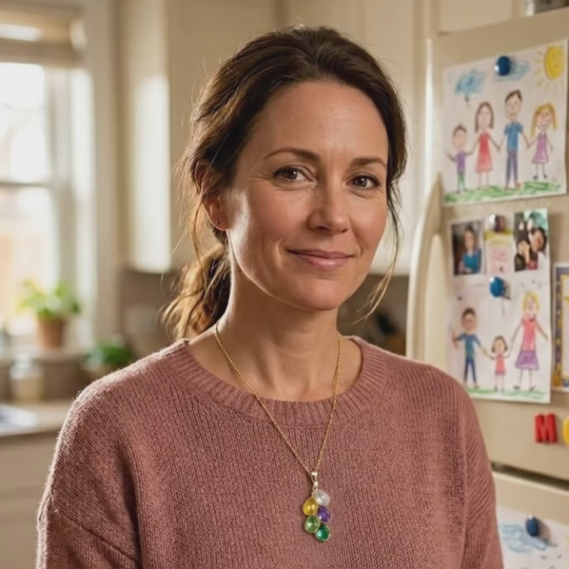 The camera pans down 3 bezel set teardrop cascade necklaces in silver, gold and rose gold. A person runs their thumb over the gems of a cascade pendant necklace, showing off the glittering birthstones. A person wears a gold cascade necklace with green amethyst, moonstone and garnet quartz. A prong cascade necklace in a box rotates in the sun, showing off an array of vibrant natural gemstones. These necklaces make a great family gift for Mom or Grandma for Christmas, mother's day, or an important birthday.