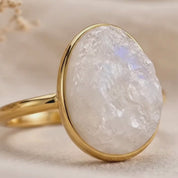 A short video showing the rough cut moonstone ring, available in 925 sterling silver, 18k gold vermeil, or 18k rose gold vermeil, in size 5 to 9.