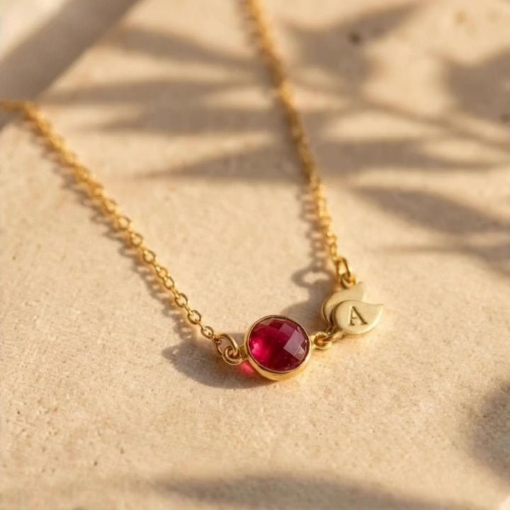 A video showcasing Custom birthstone necklace with engraved initial charm gold personalized mom necklace