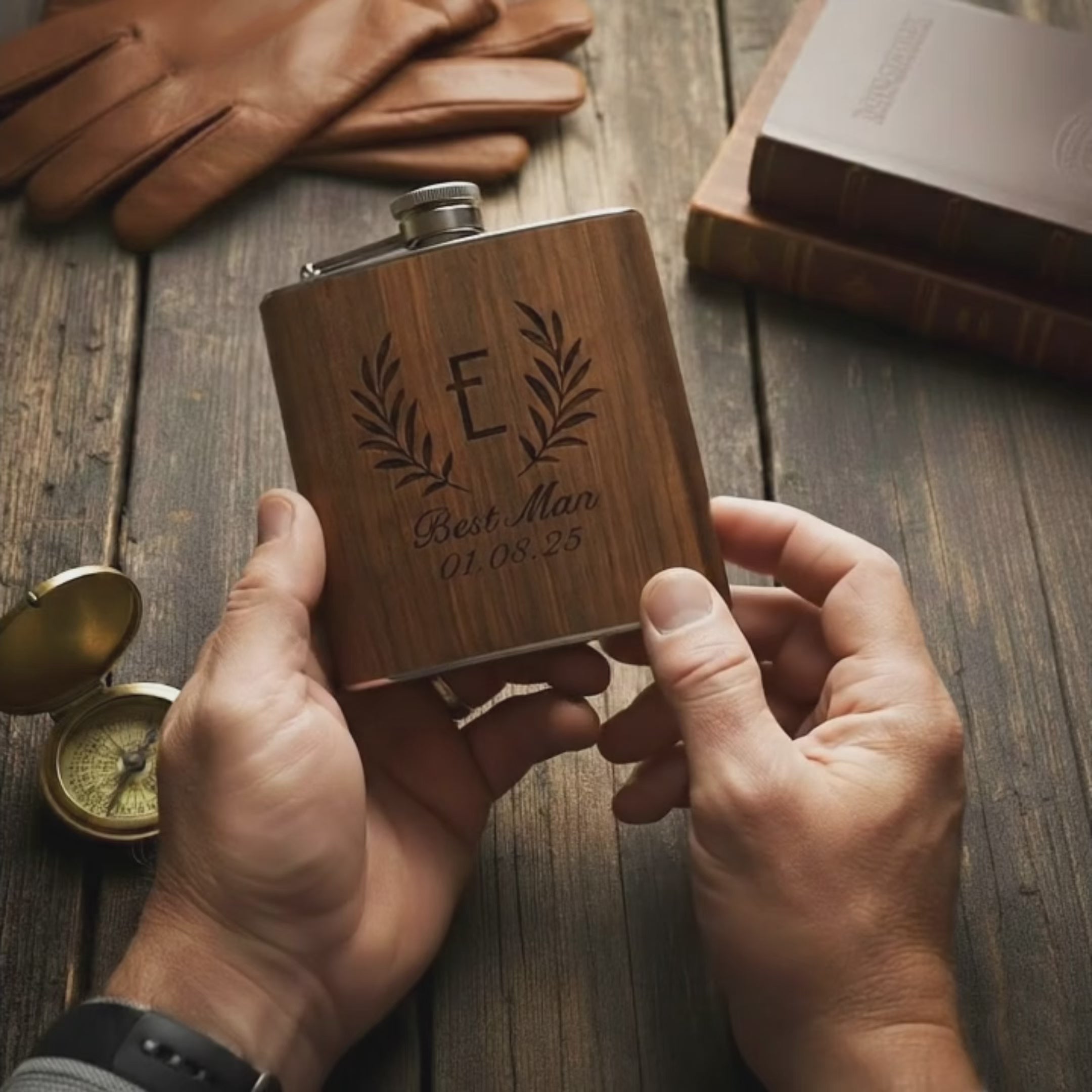 Personalized wooden custom engraved flask with natural wood finish and stainless steel body, unique engraved men’s gift for groomsmen, wedding, birthday or Father’s Day keepsake