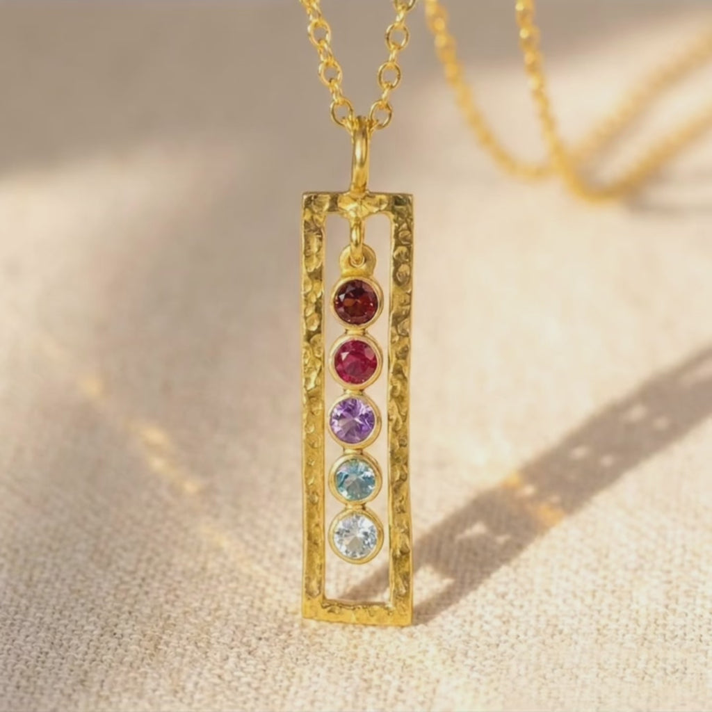A video showcasing Personalized vertical birthstone bar necklace with five colorful stones on a gold rectangular pendant, custom family jewelry for mom or grandma.