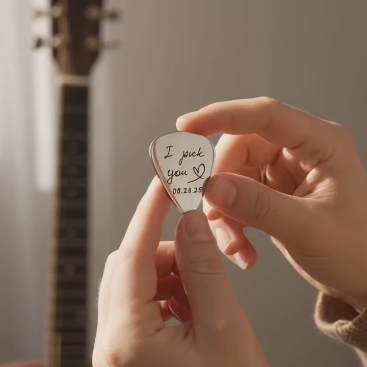 A video showcasing a custom engraved guitar pick, showing personalization in action and highlighting this as a practical and sentimental gift for music lovers.