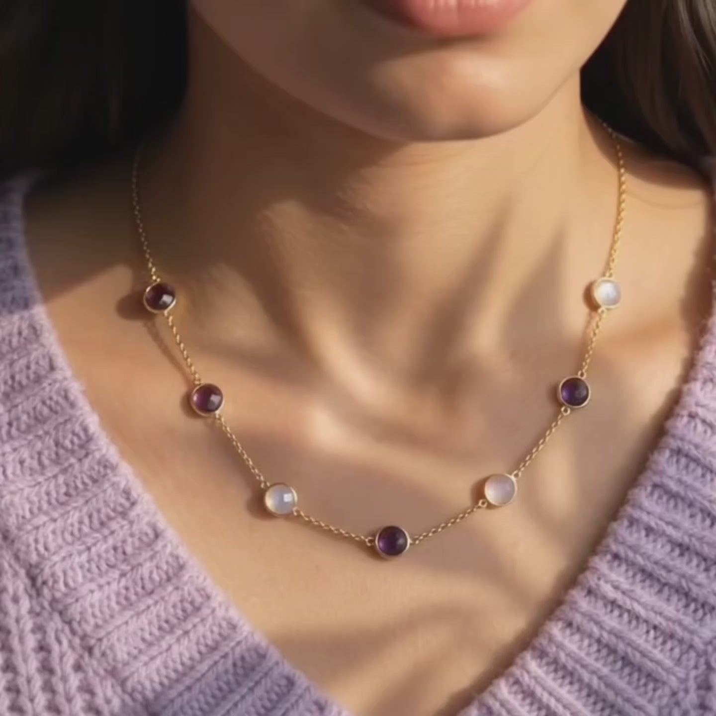 a video showcase custom birthstone station necklace.