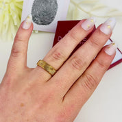 A video showing an engraved 6mm fingerprint ring, personalized gold, silver, rose gold memorial ring, memorial actual fingerprint ring, personalized 18k vermeil gold ring, subtle memorial ring for man, personalized men's memorial band, custom wedding band with spouse's fingerprint, Gift for her, gift for him, memorial gift, commemorative gift, gift for fiance, gift for husband, gift for wife, gift for girlfriend, gift for boyfriend, silver anniversary gift, wedding gift, graduation gift, gift giving ready