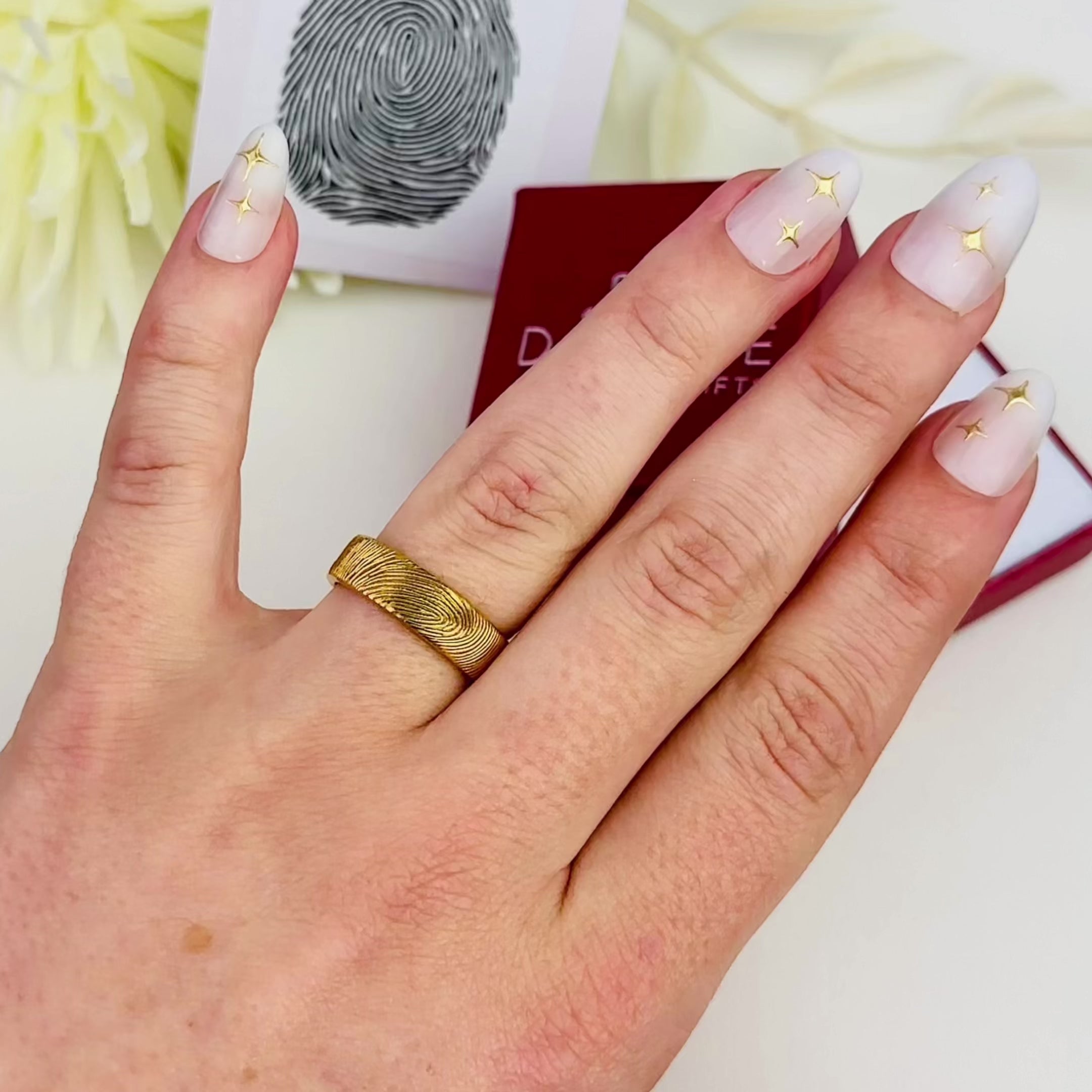 A video showing an engraved 6mm fingerprint ring, personalized gold, silver, rose gold memorial ring, memorial actual fingerprint ring, personalized 18k vermeil gold ring, subtle memorial ring for man, personalized men's memorial band, custom wedding band with spouse's fingerprint, Gift for her, gift for him, memorial gift, commemorative gift, gift for fiance, gift for husband, gift for wife, gift for girlfriend, gift for boyfriend, silver anniversary gift, wedding gift, graduation gift, gift giving ready