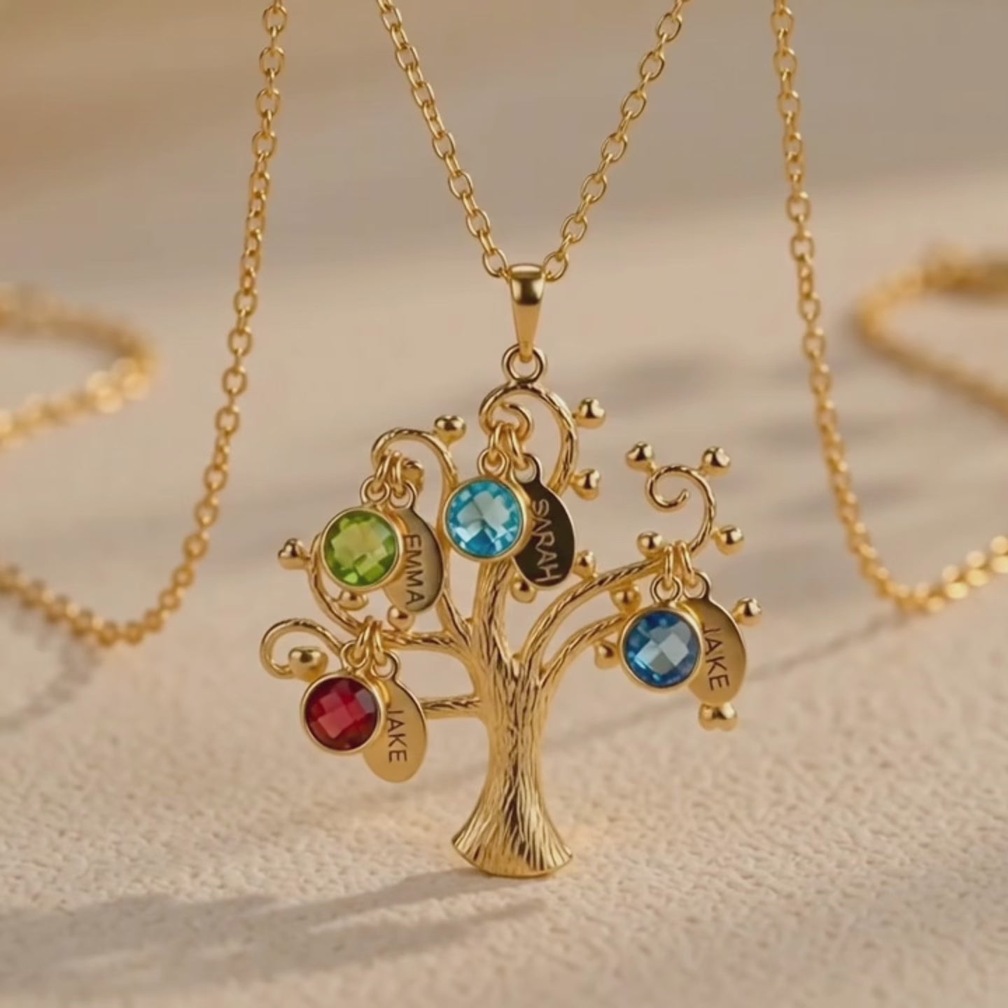 A video showcasing family tree birthstone necklace with name charms personalized mom necklace with kids birthstones meaningful jewelry gift