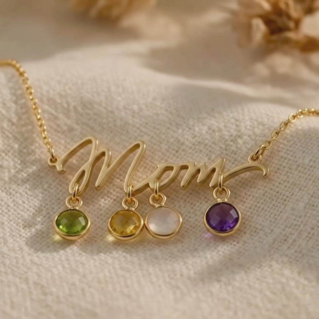 A video showcasing Personalized Mom birthstone necklace with round 6mm checker-faceted gemstone charms in gold, silver, and rose gold finishes.
