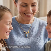A video showcasing a Custom birthstone mom necklace with engraved bar charm and colorful children’s birthstone charms on a delicate chain, personalized family jewelry for mothers and grandmothers.