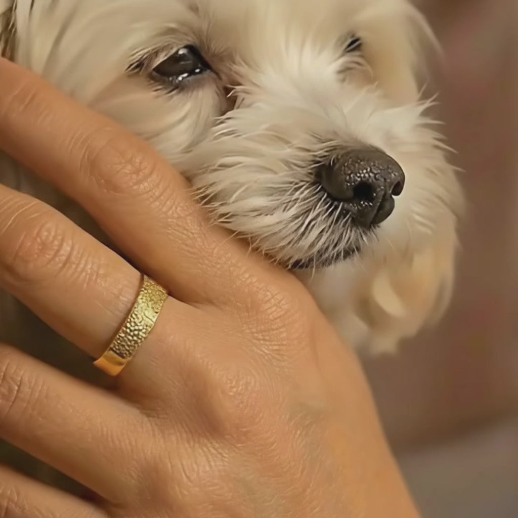 Custom dog nose print ring video showing personalized pet nose jewelry engraved from a real dog nose imprint, memorial pet ring handcrafted in sterling silver and gold vermeil, meaningful pet remembrance jewelry for dog lovers, unique dog memorial ring gift to honor a beloved pet, custom pet nose print keepsake ring, engraved dog nose jewelry, pet loss remembrance ring, handmade personalized dog lover jewelry, sentimental pet memorial keepsake