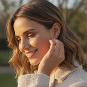 Custom birthstone flower earrings in gold featuring dainty floral drop designs with colorful gemstone centers, personalized floral jewelry for women, handmade birthstone dangle earrings in large and small flower styles