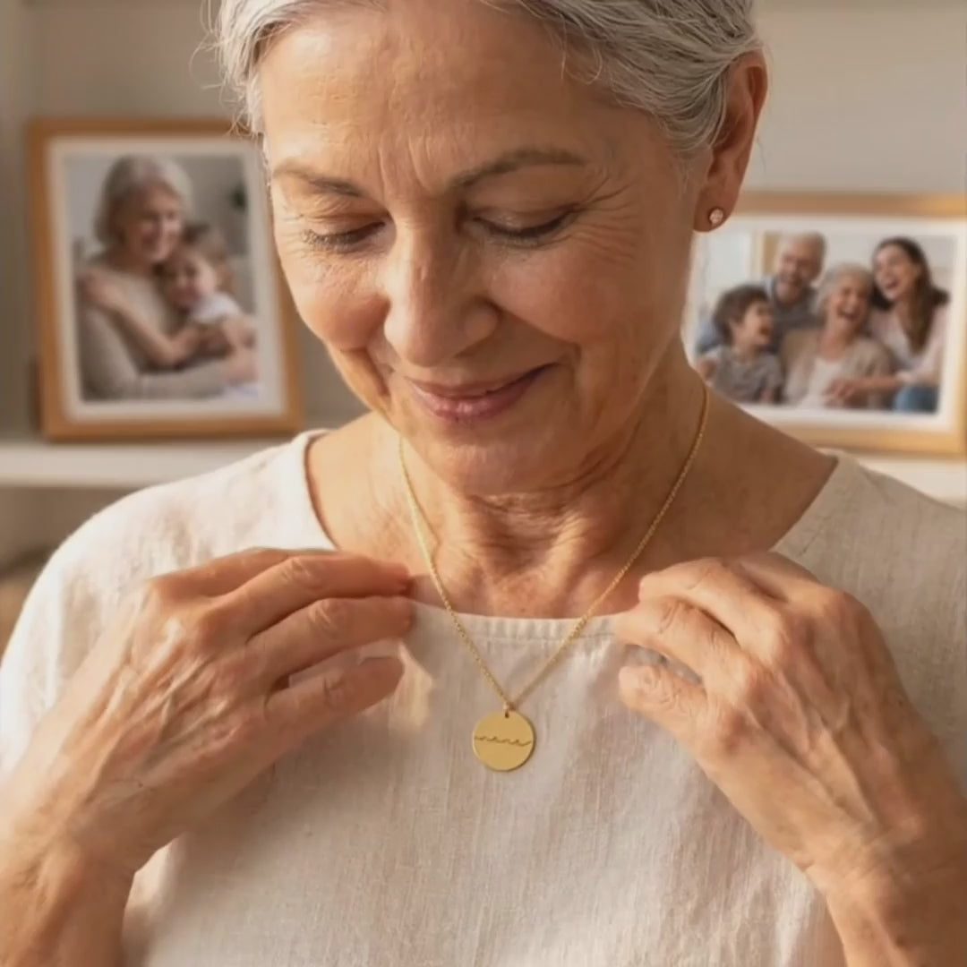 a video showcasing Personalized grandma disc necklace shown in sterling silver, yellow gold filled, and rose gold filled with lowercase script engravings for grandma, mimi, and nana.