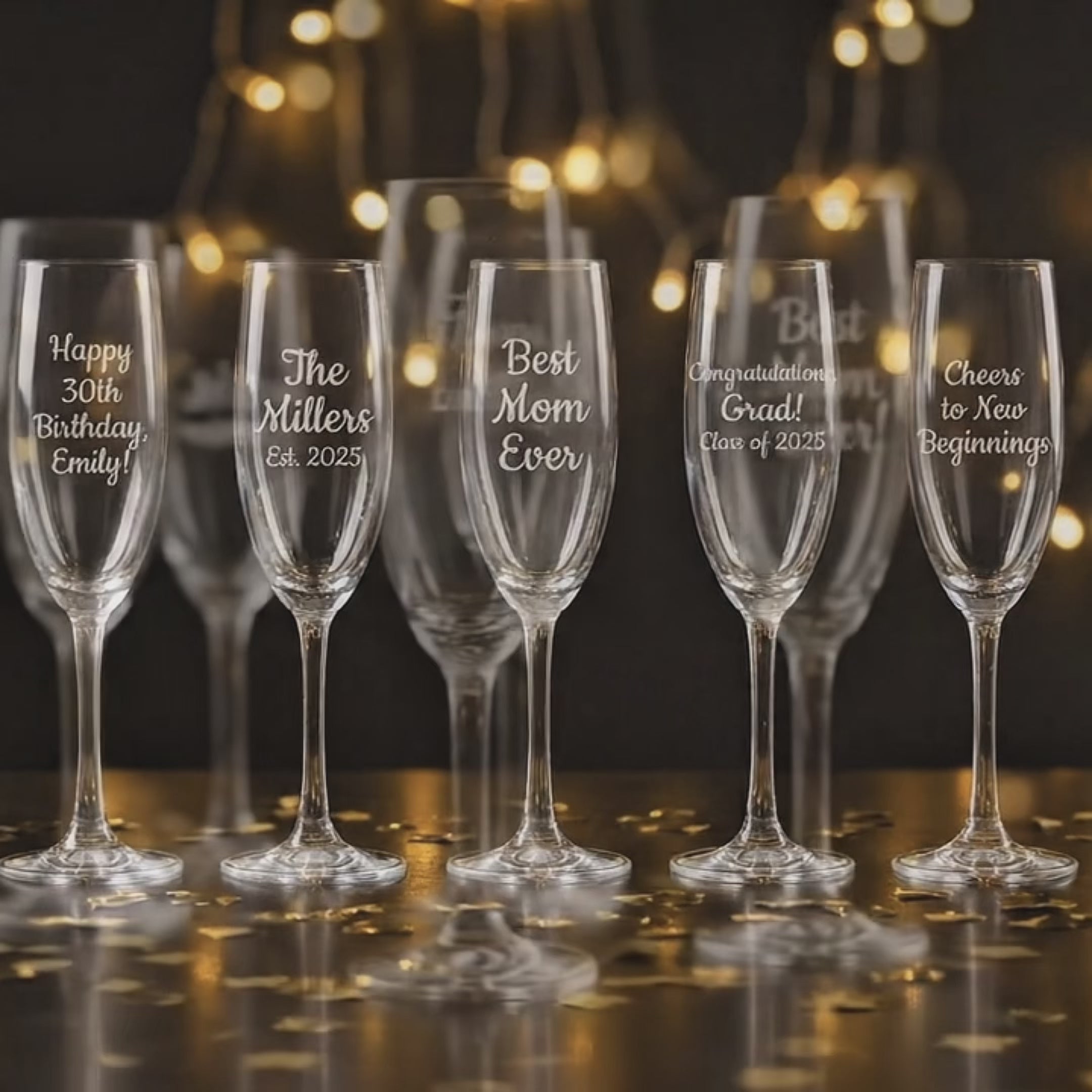 Video showcasing custom engraved champagne glass, personalized wedding toasting flute with name and date, bridal party and couple gift idea, elegant etched champagne flute for bride, groom, bridesmaids, anniversary or celebration.