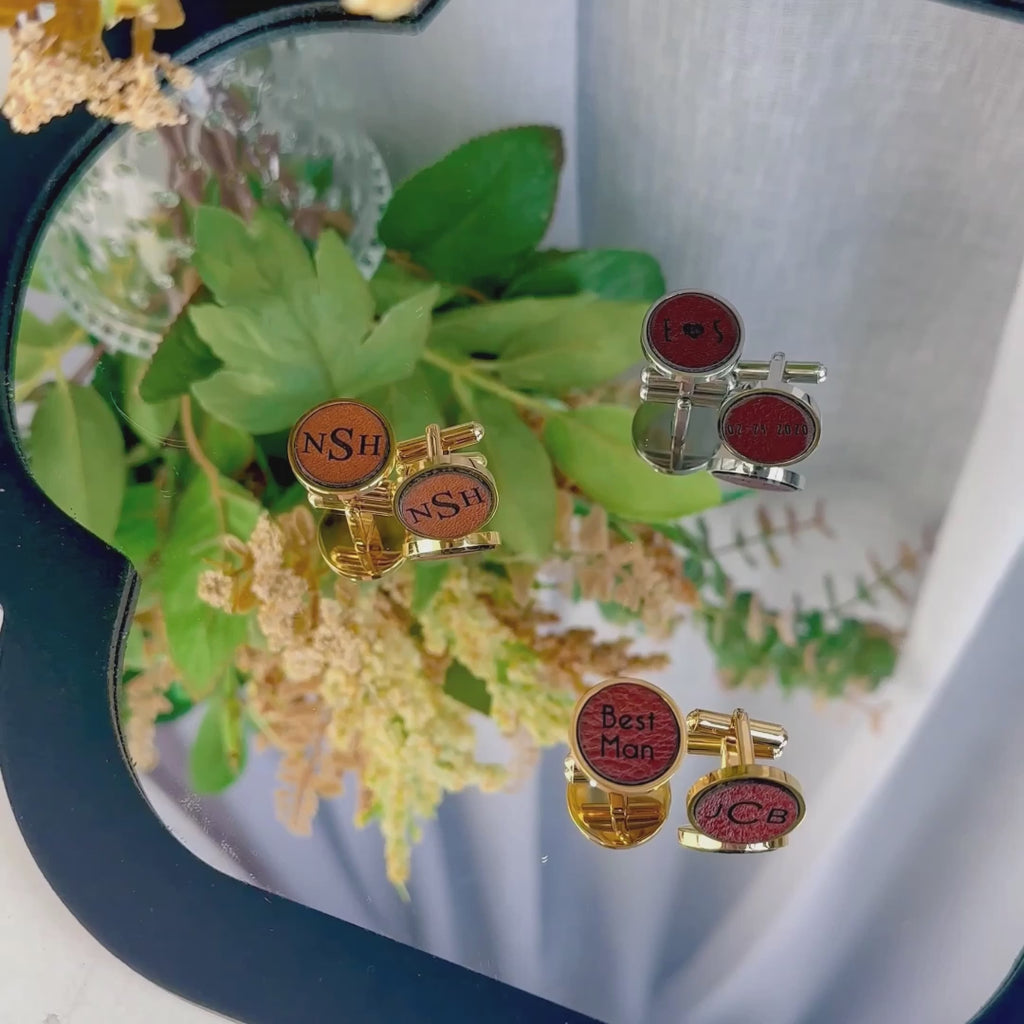 Create custom cufflink with a monogram, message, special date or initials. We use genuine full-grain leather to engrave and set into the metal cufflink bases. Choose from a selection of leather colors as well as silver (rhodium) or gold (brass) base for the perfect coloring.   Customize cufflinks for a graduate, new promotion, prom, formal events, groomsman or wedding party gifts. gift ready. mens anniversary gifts, gifts for men, christmas gifts for him, valentine's day gifts for men, gift for husband