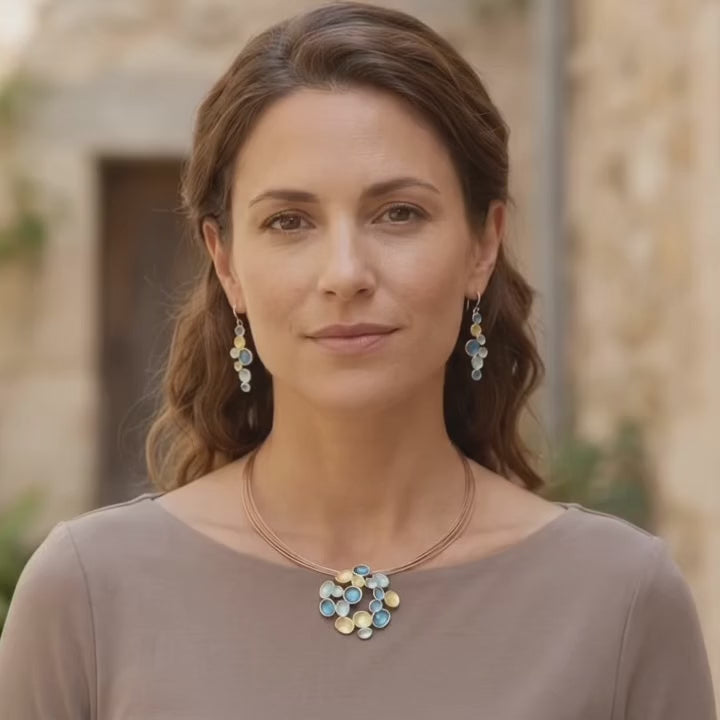 A video showcasing a Matching Bubble Cluster necklace earrings and adjustable ring with aqua blue gold . available in a variety of colors