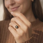 A video showcasing a Natural oval Black Star Sapphire prong-set ring in 18K yellow gold vermeil