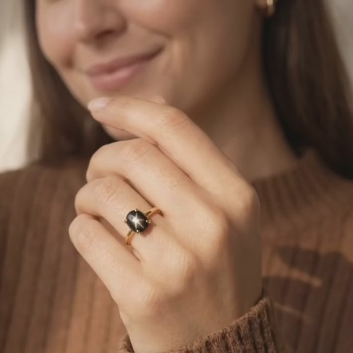 A video showcasing a Natural oval Black Star Sapphire prong-set ring in 18K yellow gold vermeil