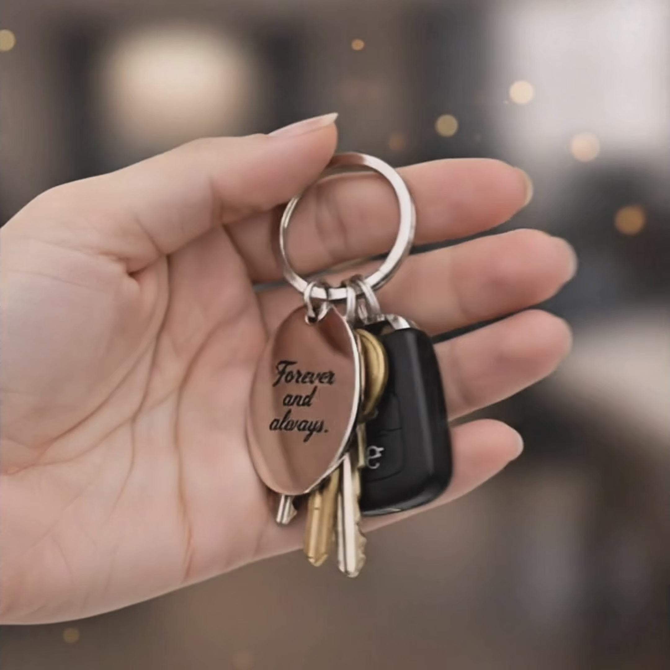 A video shows  a large assortment of personalized stainless steel keychains with different engravings on each of them. Available shapes are heart, large rectangle, small rectangle, circle, square, and oval. Engrave handwriting, drawings, or images of footprints, handprints or fingerprints! Create a personalized unique Christmas or Birthday celebration gift for a loved one, new mom, new driver, or an extra special birthday! Customize to your heart's content!