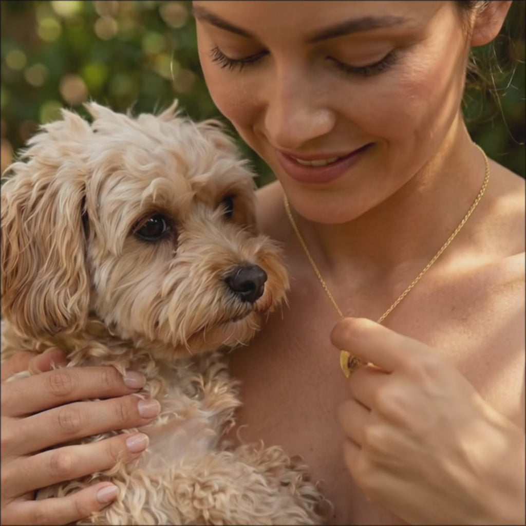 Personalized pet portrait necklace video showing a custom engraved pet photo pendant, a meaningful keepsake gift for dog or cat lovers.