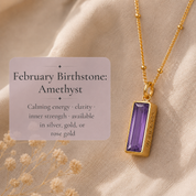 Amethyst baguette birthstone bar necklace, personalized name pendant February Birthstone : Adira Series